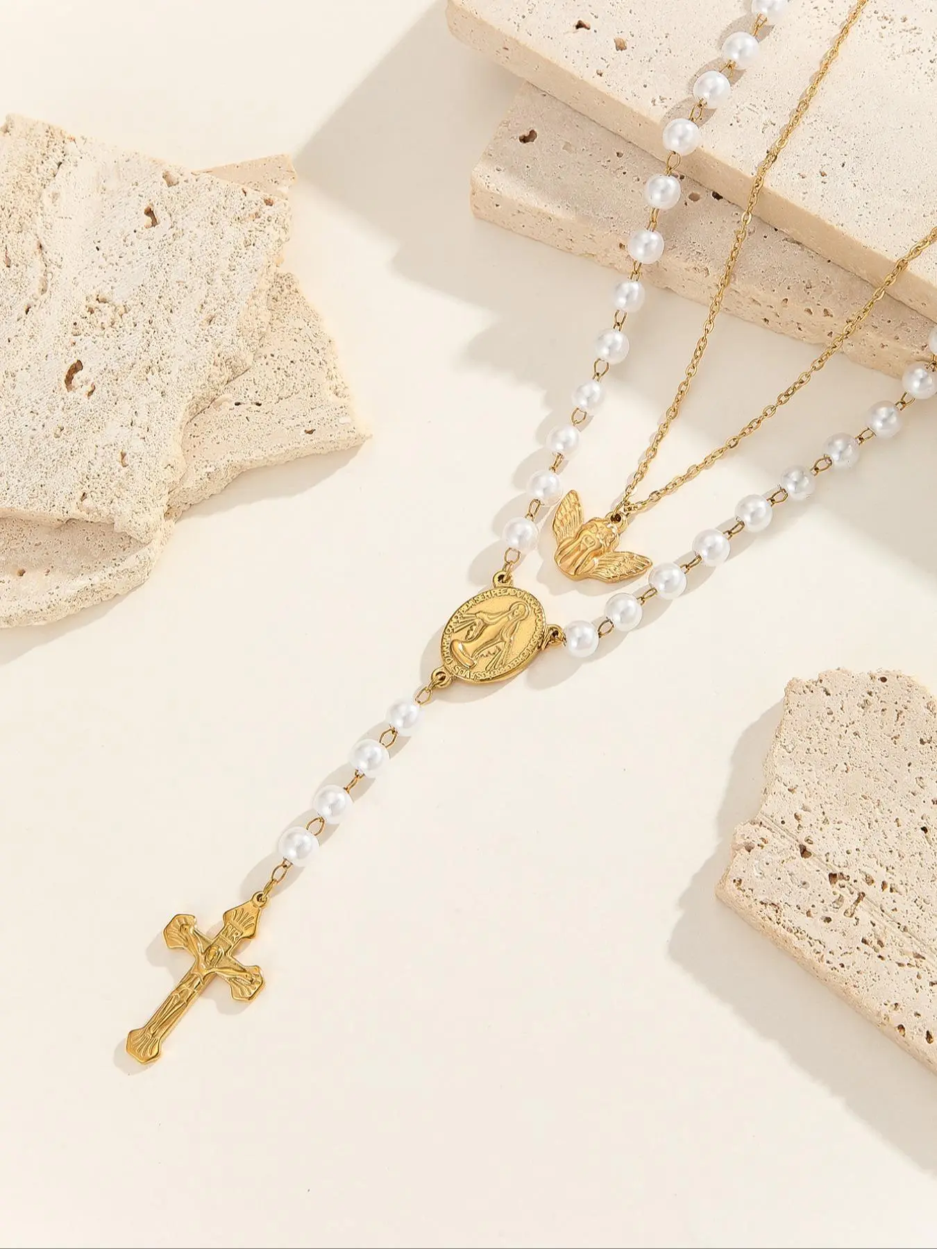 Faux Pearl Decorated Layered Necklace, Fashion Cross & Angel Design Pendant Necklace for Party, Daily Decor, Trendy All-match & Exquisite Jewelry for Birthday Gift