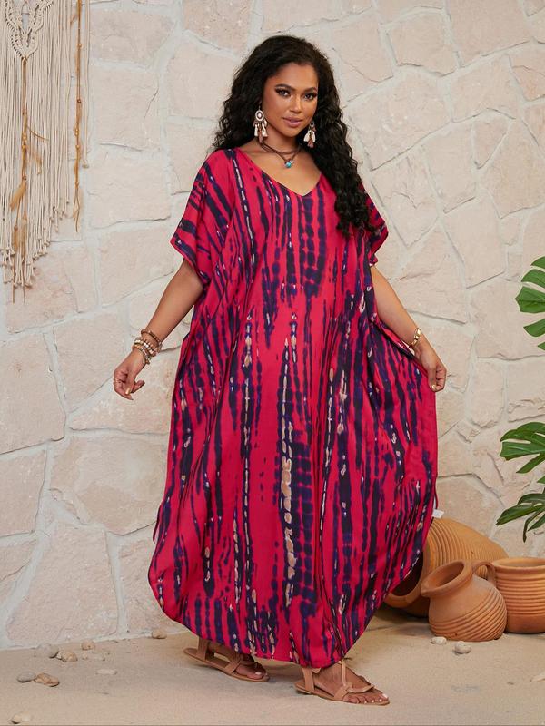 Plus Size Tie Dye Print Butterfly Sleeve Split V Neck Dress, Boho Casual Half Sleeve Dress for Daily Holiday Vacation Wear, Women's Plus Clothing for Summer 3