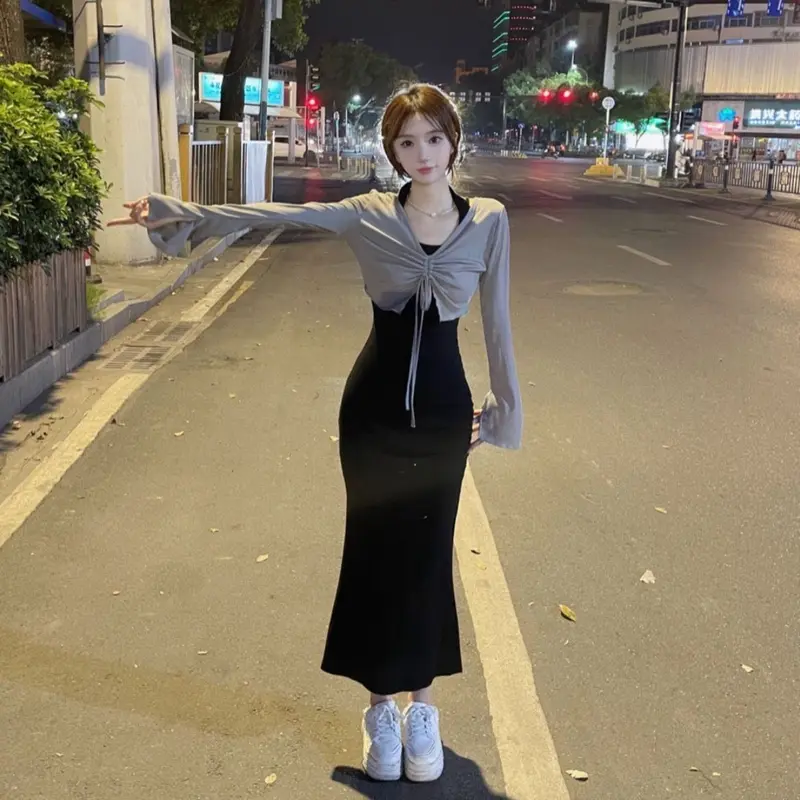 Bộ Váy Bodycon, Phong Cách Dễ Thương Và Gợi Cảm, Dài, Dành Cho Phụ Nữ, Thiết Kế Đẹp, Áo Cánh Chống Nắng, Váy Cổ Yếm Bộ Đồ Hai Mảnh, Năm 7