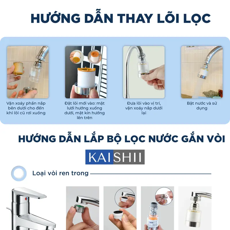 Bộ lọc nước Kaishii , Đầu lọc nước tại vòi tăng áp - xoay 360 mã KS02 7