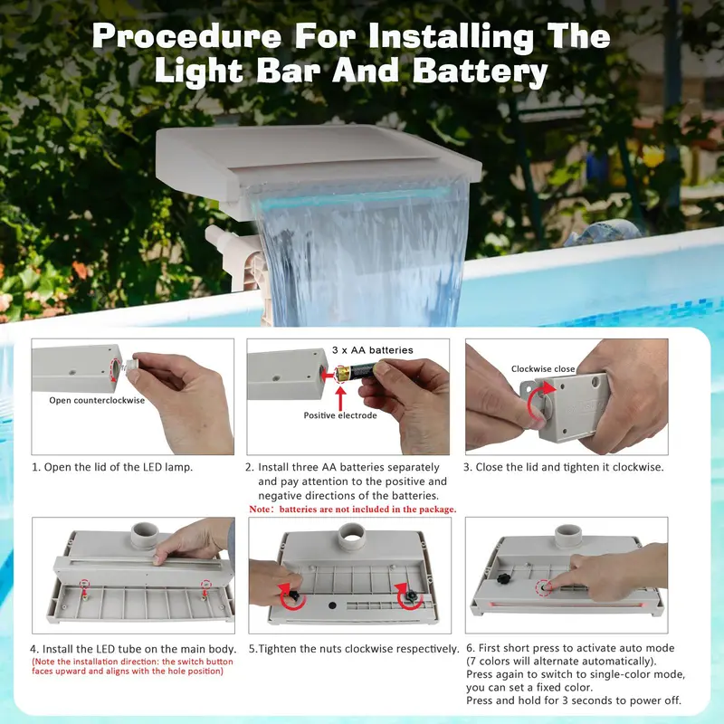 Pool Fountain Waterfall, LED Light Pool Fountain with Remote Control, Adjustable Width Fits Various Frames, Swimming Pool Frame Attachment Clamp Accessory 7