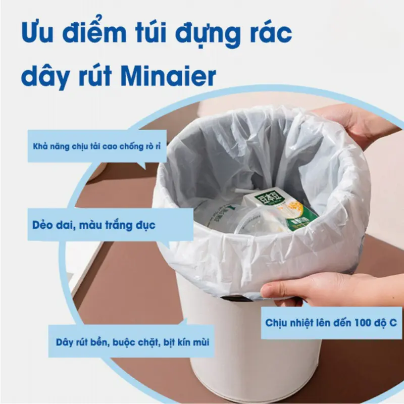 Cuộn 100 Túi Đựng Rác Có Dây Rút Minaier Loại Siêu Dày Dai Chắc Chắn, Túi Đựng Rác Chống Rò Rỉ Nước. 4