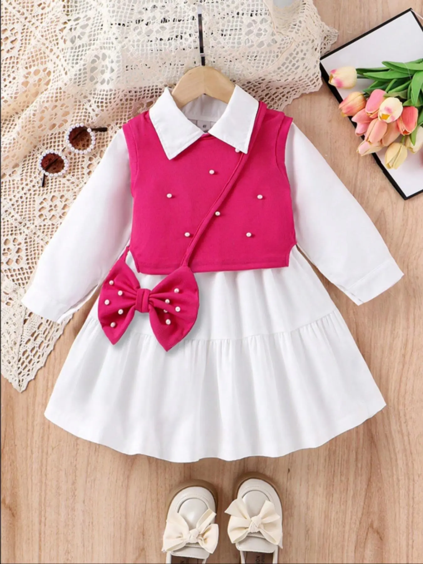 Three-piece Set Girl's Solid Faux Pears Decor Vest & Ruffle Hem Shirt Dress & Crossbody Bowknot Accessories Set, Preppy Style Three Piece Outfits for Daily Wear, Kids Fall & Winter Clothes