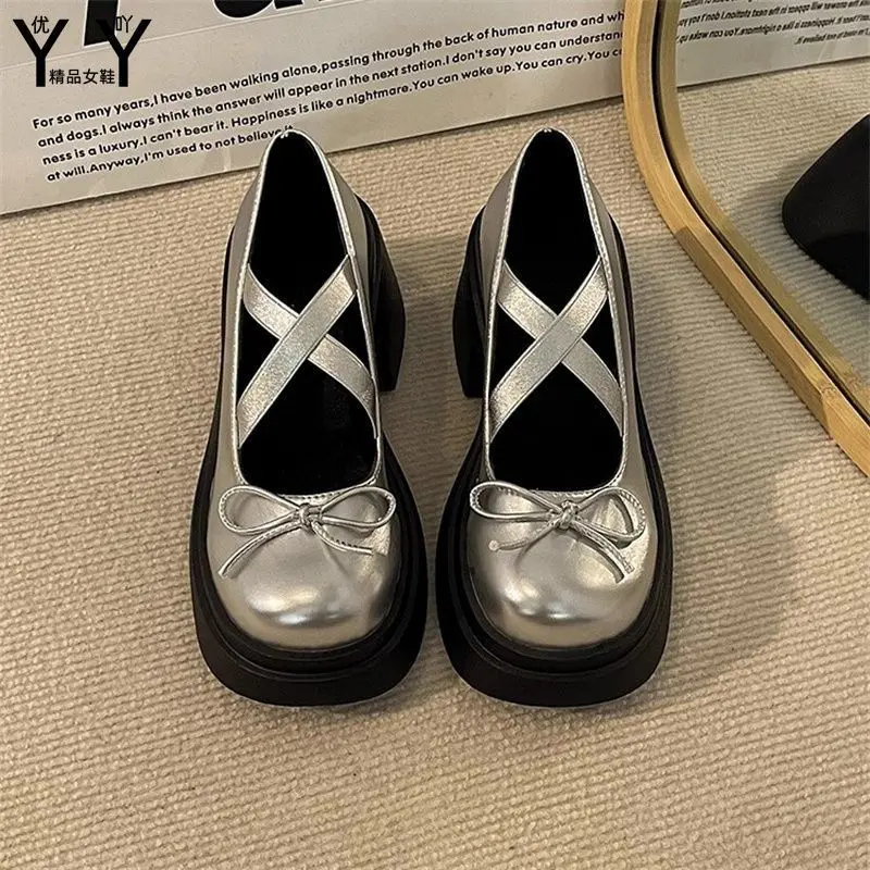Giày Da Mary Jane, Phong Cách Pháp, Dành Cho Nữ, Đế Dày, Nơ Tăng Chiều Cao, Thích Hợp Cho Váy, Giày Cao Gót Dày, Hàng Mới Về Mùa Hè 2023, Giày Một Lớp