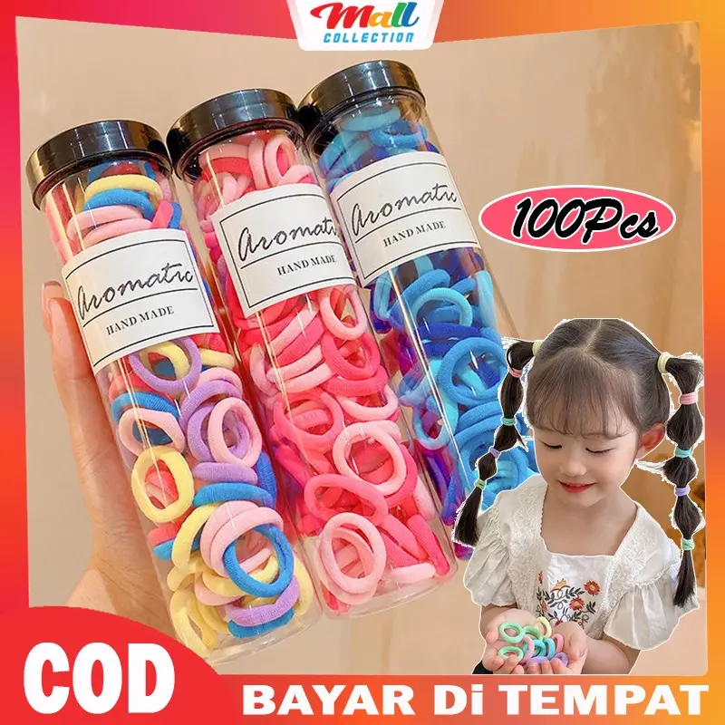 MALL - (Free Box) Set 100Pcs iKat Rambut Gaya Korea Kain Karet Elastis Anak Perempuan KCR23 Fashion 0