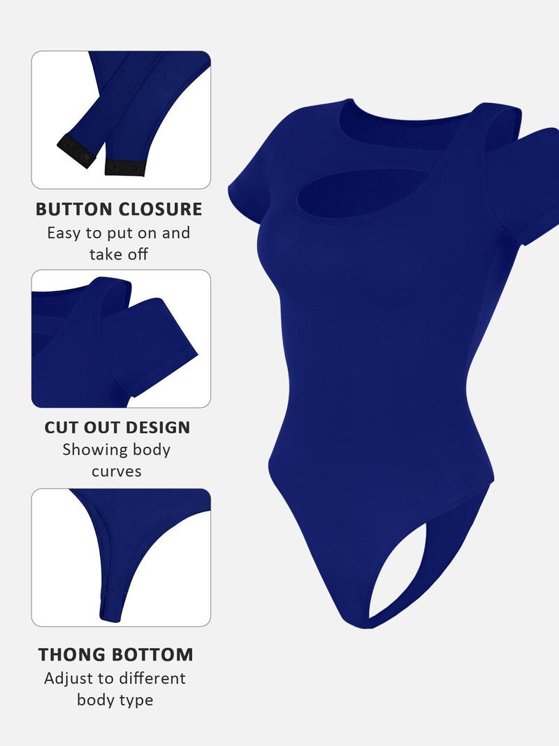 Product Introduction of Women's Solid Color Cut Out Bodysuit, Casual Comfy Breathable Short Sleeve Bodysuit for Daily Wear, Ladies Clothes for Summer 6