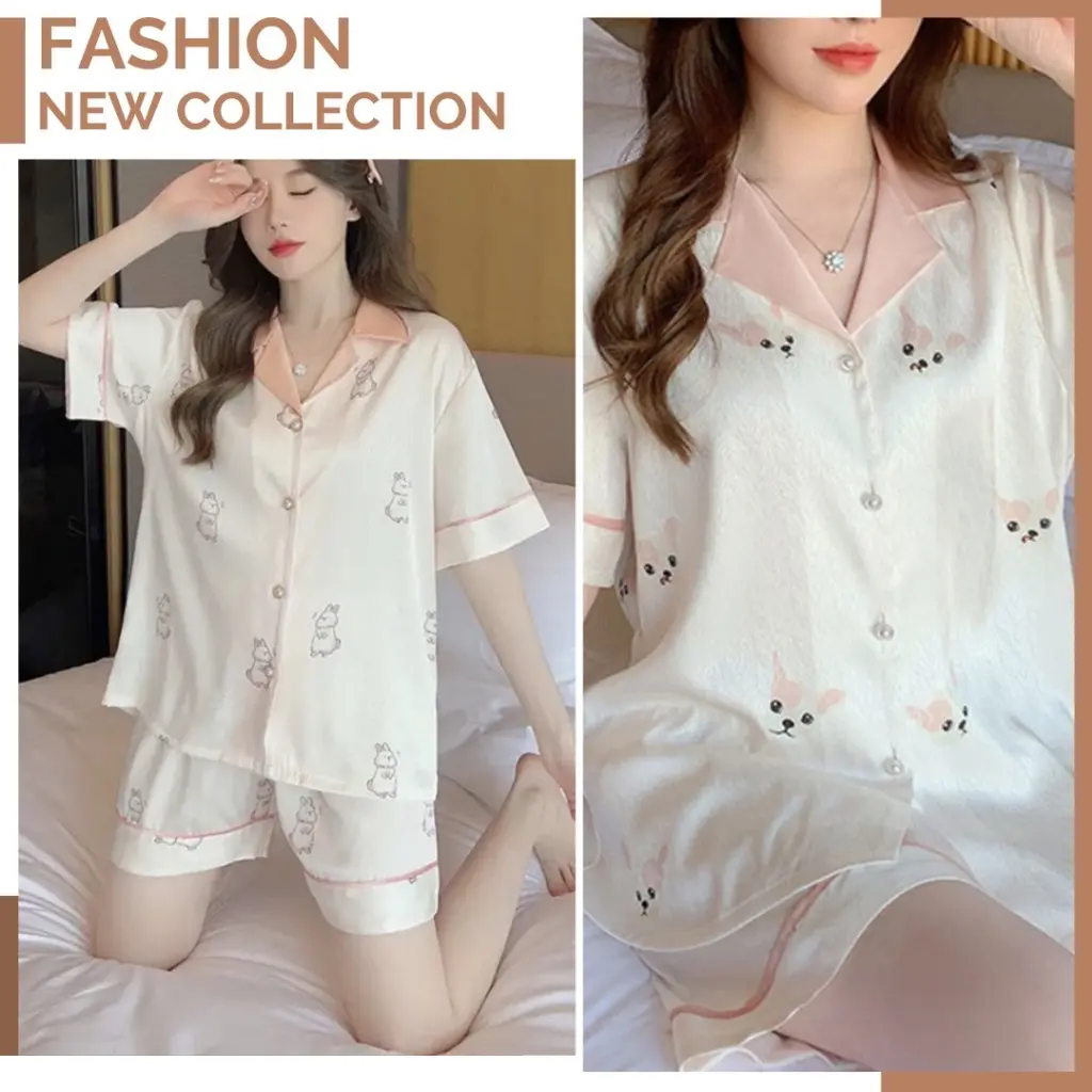 Bộ pijama cộc tay hoạ tiết dễ thương hàng Quảng Châu, bộ ngủ lụa xước cao cấp