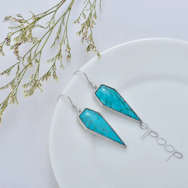 ZHENG make Natural Turquoise Earrings for Women 925 Sterling Silver Geometric Long Statement Fashion Dangle Earring Birthday Mothers Day 2