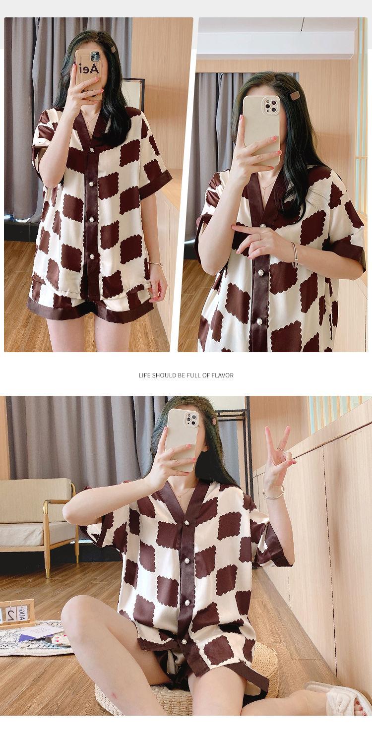 Product Introduction of Women's Pajamas 2022 New Summer Thin Ice Silk Cardigan Camellia Set Short Sleeve Cartoon Princess Style Loungewear 16