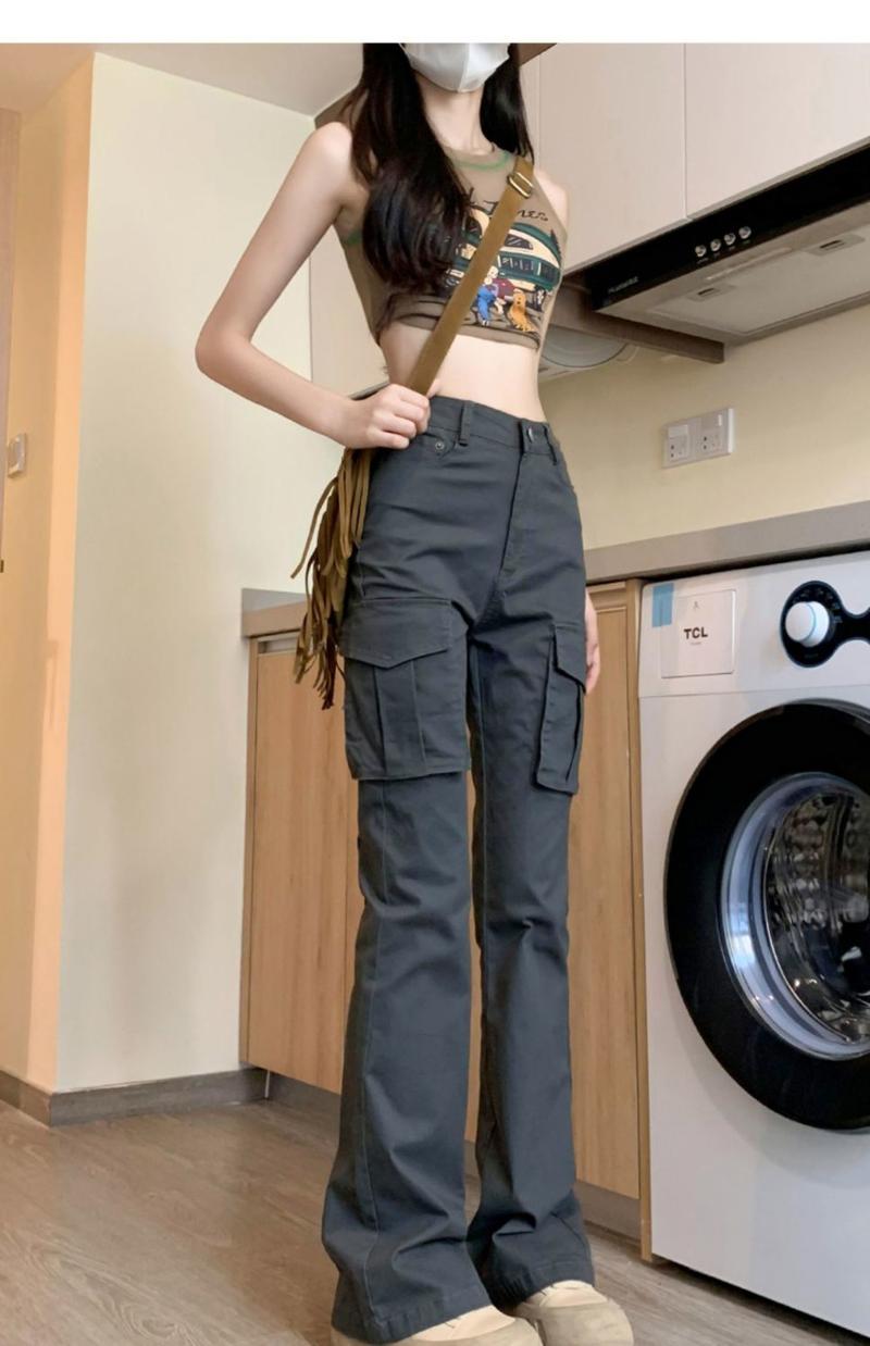 Product Introduction of Cargo Pants for Women Slightly Flared Overalls Women's Autumn 2023 New High Waist Slimming Retro Hot Girl Draping Horseshoe Pants 11