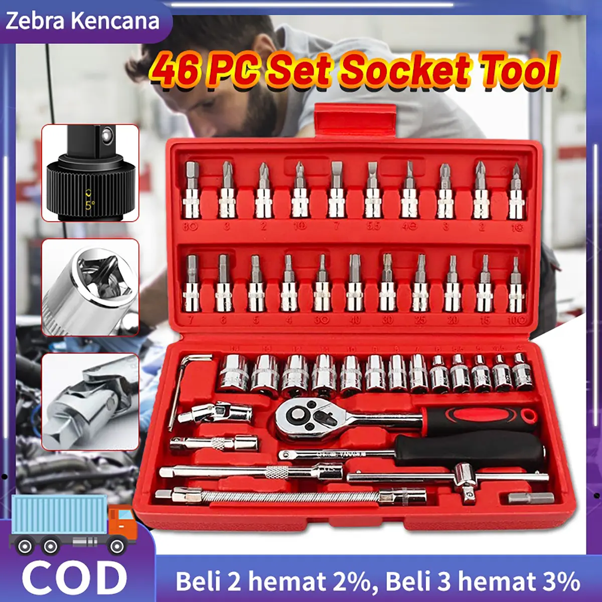 Kunci Socket Set Lengkap Wrench 46pcs Obeng Mata Socket KombinasiTool Box Multifungsi  Set Kunci Socket 46 PCS full Set (1/4 ") Pas Ring L Motor Kunci