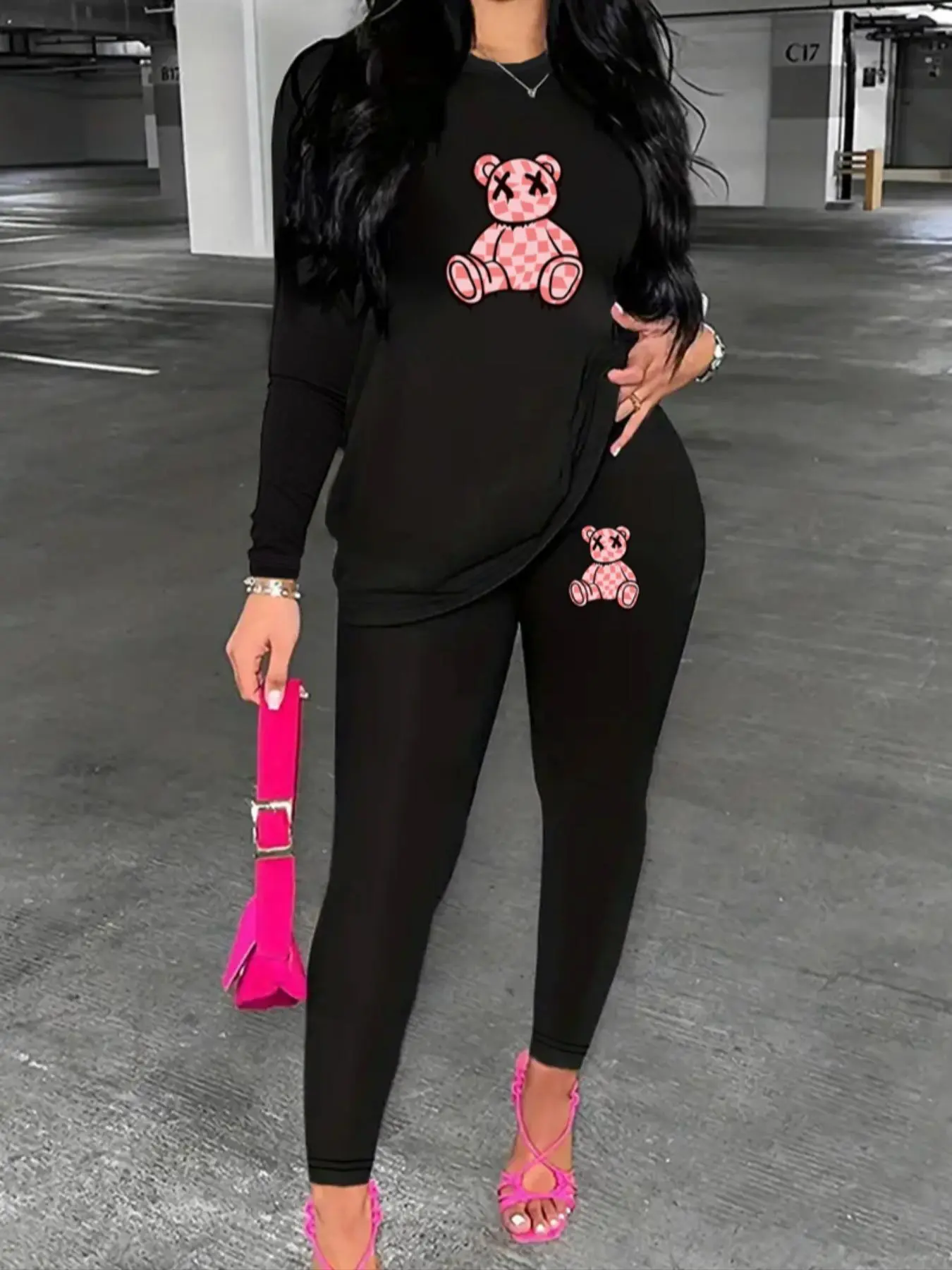 Women's Cartoon Bear Print Long Sleeve Tee & Elastic Waist Pants Set, Casual Round Neck T-shirt & Skinny Trousers, Women's Spring & Fall Clothes