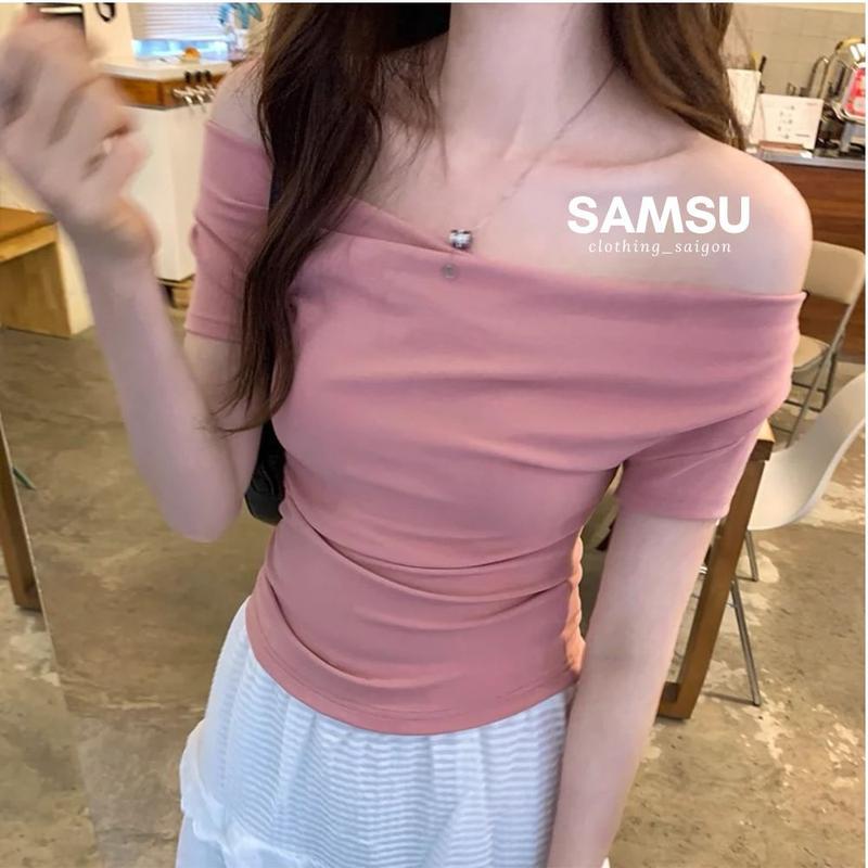 Áo kiểu trễ vai nữ phong cách tiểu thư LENOGI thanh lịch chất thun tăm lạnh co dãn dễ phối đồ Samsu.clothing_saigon Women Top Sò Nhung Sơ Mi