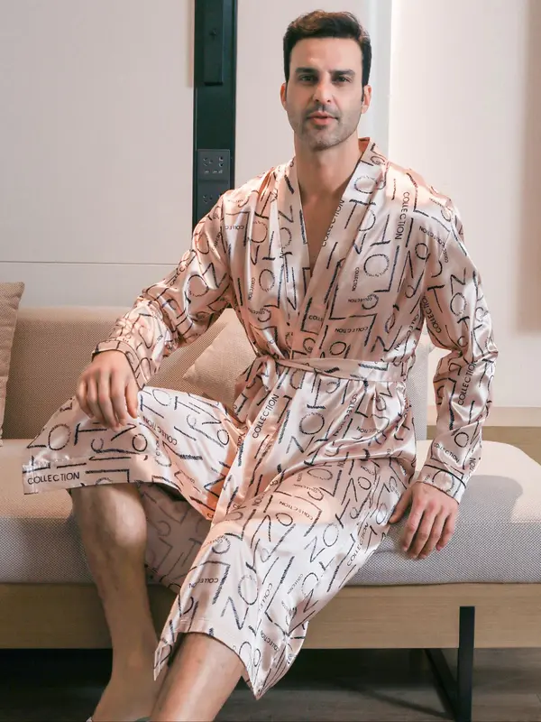 Men's Regular Fit All Over Print Satin Robe with Waist Belt Design, Casual Long Sleeve Shawl Collar Satin Dressing Gown for Summer, Fashion Men's Sleepwear 3