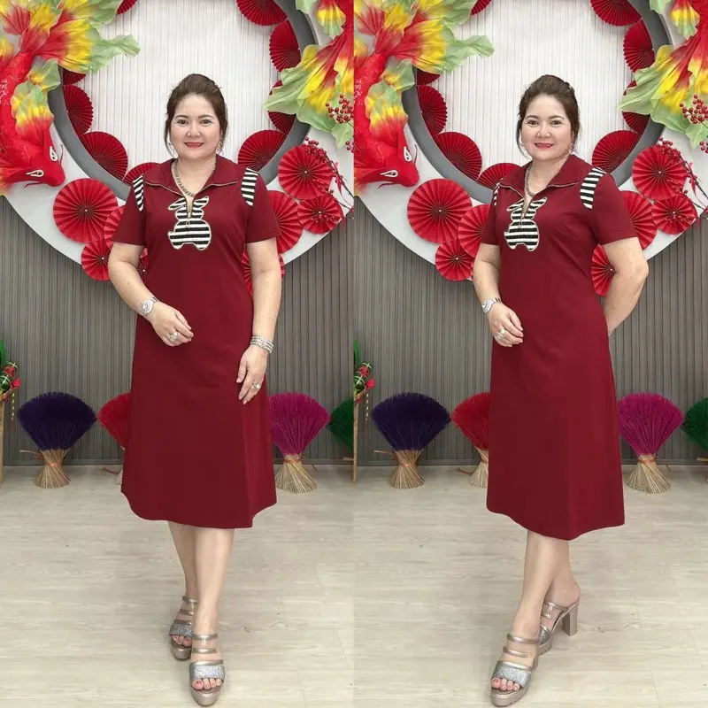 Đầm suôn trung niên quảng châu đơn giản thanh lịch Min Shop  Voi Dress Voan Sen- Nữ, Women Đỏ 3