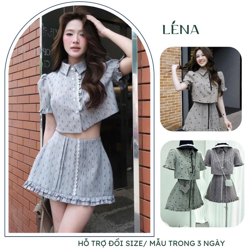 Set bộ nữ be+ xám tây thiết kế áo sơ mi croptop phối chân váy chữ A  trẻ trung dễ thương  LENA 2129 Tre Women