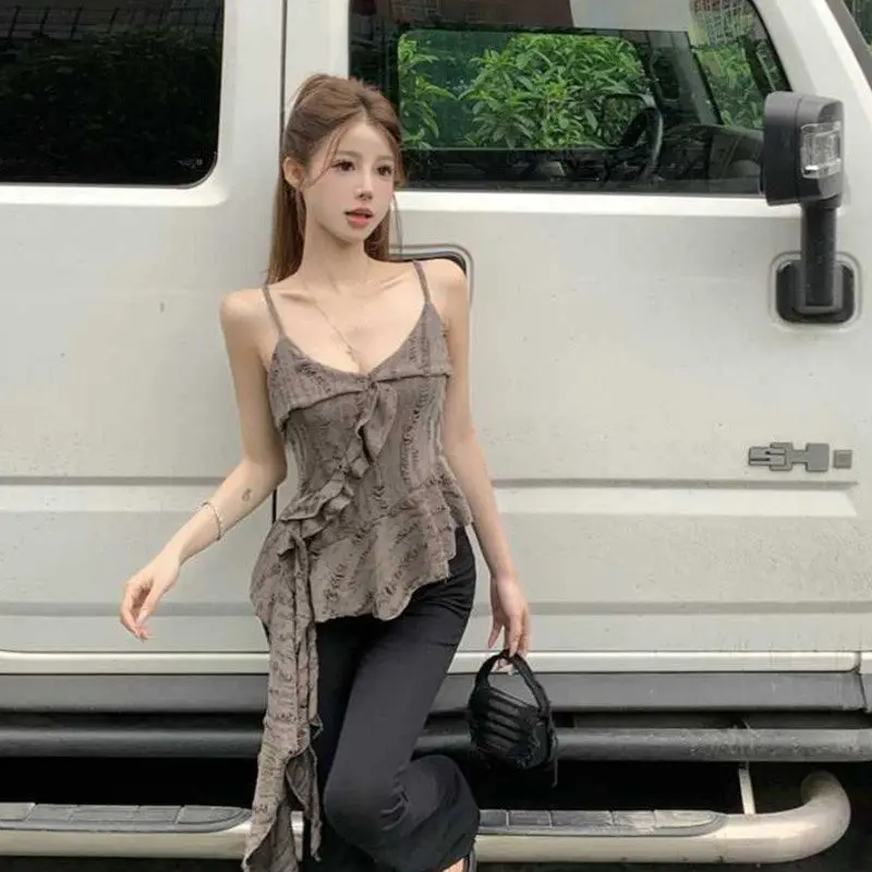 Áo Yếm, Alige, Phong Cách Đất Thải Độc Đáo Mỹ, May Xù, Quần Áo Nữ, Khâu Xếp Nếp Mùa Hè, Quần Áo Trên Dáng Bất Đối Xứng