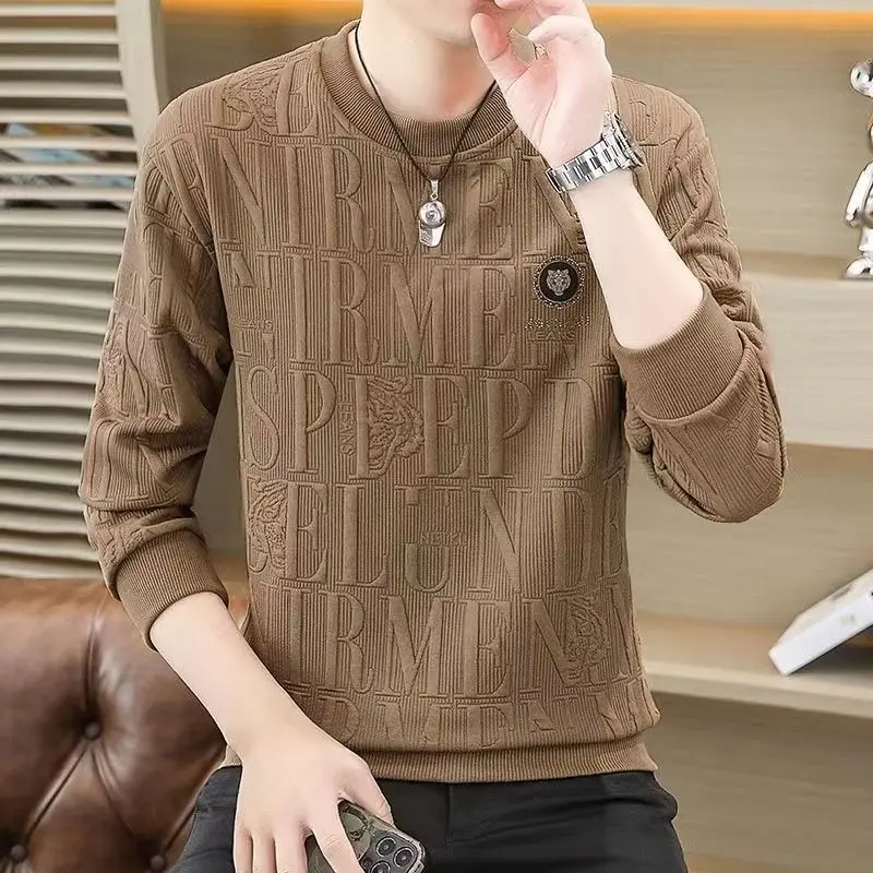 Cao Cấp, Bộ Sưu Tập Mùa Xuân Và Mùa Thu 2024, Thiết Kế Jacquard Hợp Xu hướng Áo Thun Dài Tay, Cổ Tròn, Thích Hợp Cho Nam Giới, Lớp Nền Quần Áo Hàng Đầu, Hàng Mới Về Năm 2024