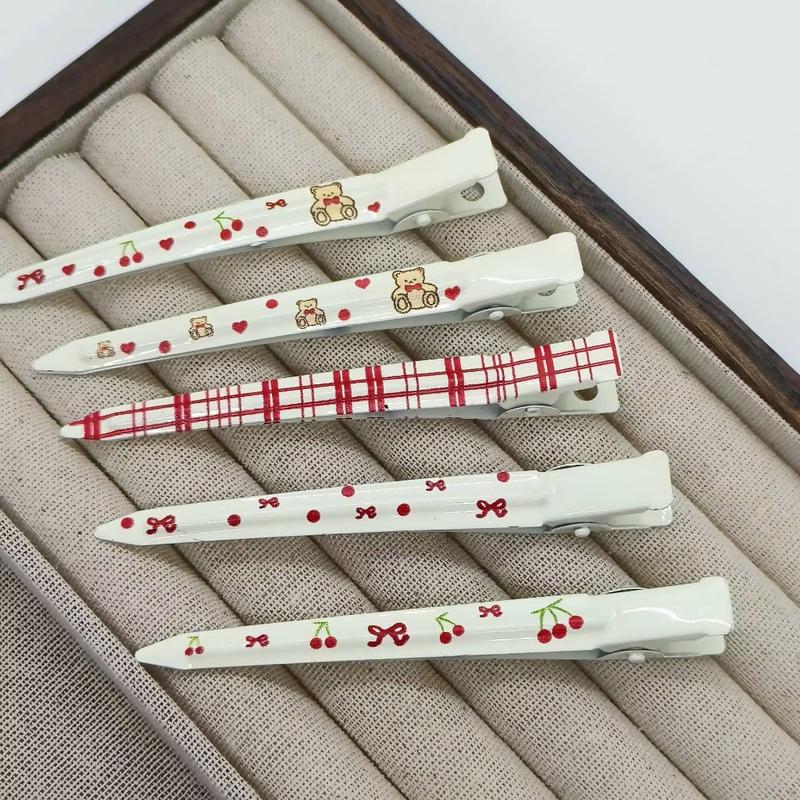 Set 5 Kẹp Tóc Mỏ Vịt Cố Định Tóc Mái Hoạ Tiết Gấu - Mèo Kitty Tone Trắng Thép Không Gỉ Cho Nữ MV2