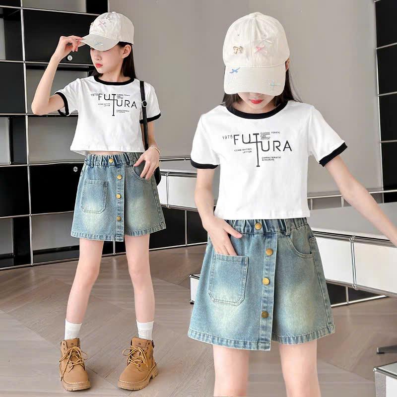  Set Bộ Áo Phông Ngôi Sao Và Chữ FUTURA Mix Quần Jean Giả váy Cá Tính Năng Cho Bé Gái Cotton chân 