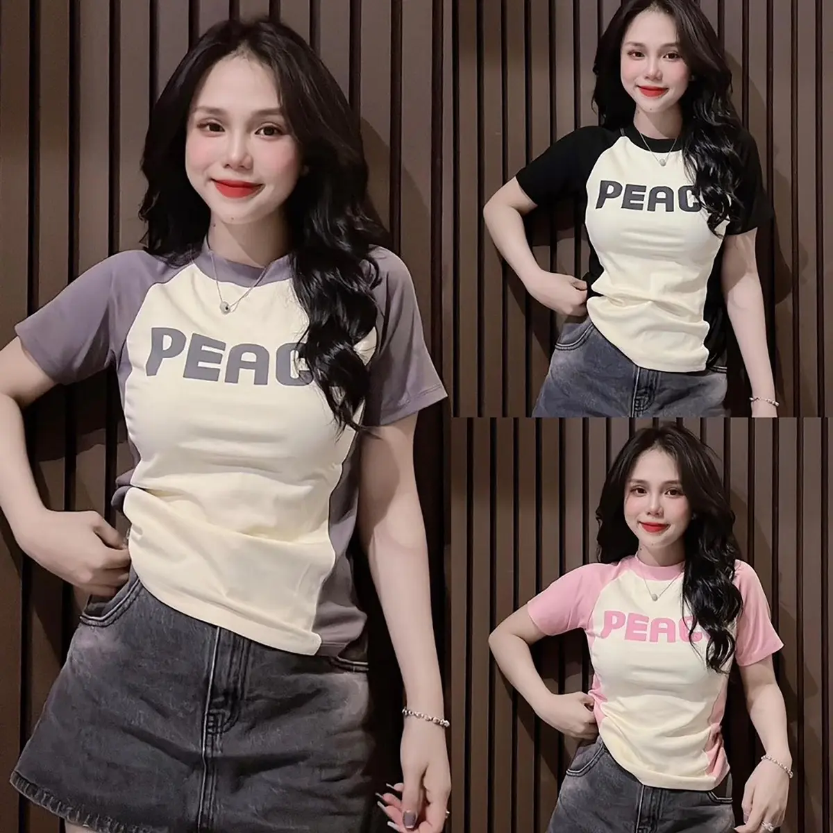 Áo thun chất Borip co giản 4 chiều from áo Baby Tee kiểu dáng ôm phối viền 2 bên sườn eo - Mã Baby Tee in chữ PEACEE Top Nữ Cotton