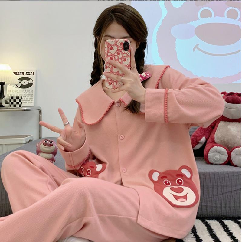 Bộ ngủ nữ dài tay cổ bẻ chất waffle cao cấp, cotton dệt kim ô, cổ bẻ, siêu đẹp mùa thu đông, bộ pijama pyjama, đồ bộ mặc nhà (LN001) Women Quần Ngủ