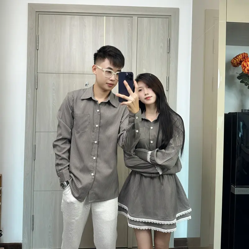 Đồ đôi nam nữ sơ mi dài tay váy nữ liền chân váy có quần bảo hộ thiết kế sang trọng lịch sự phù hợp cho cặp đôi Set couple người yêu hot trend mới 2024(có lẻ) 5