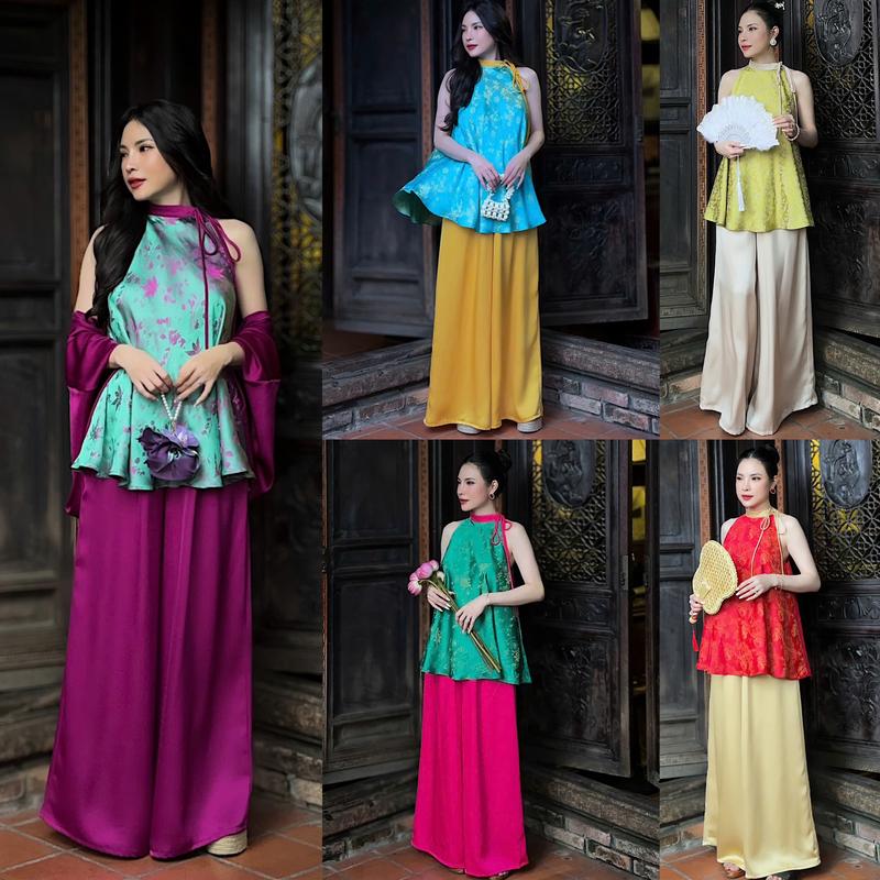 Y01 SET ĐỒ NỮ ÁO YẾM CỘT DÂY KÈM QUẦN SUÔNG DÀI, CHẤT LIỆU GẤM TƠ TẰM - FREE SIZE 1