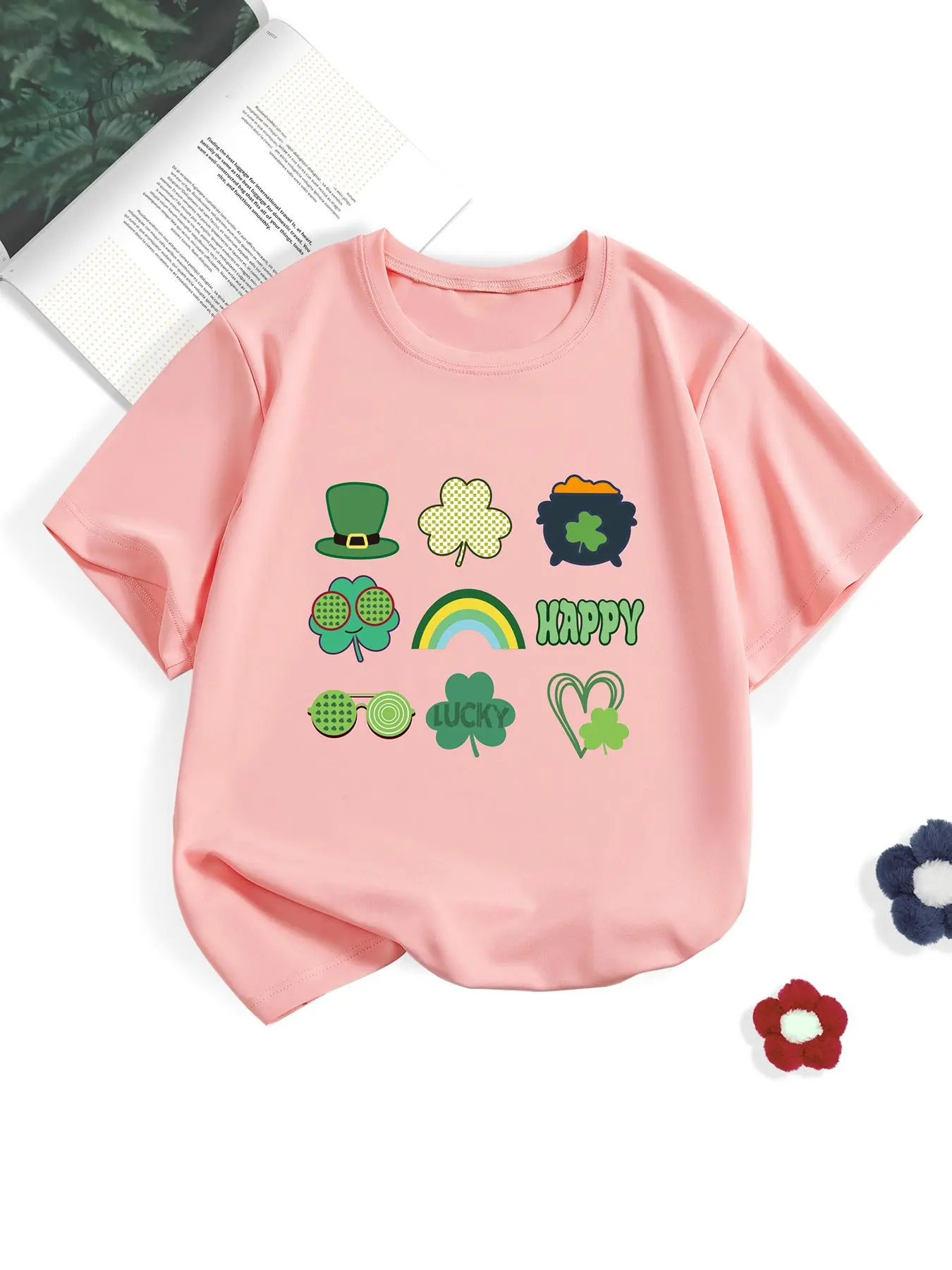 Girl's Cartoon Clover Graphic Tee, Casual Short Sleeve Round Neck T-shirt for St. Patrick's Day, Kids Clothes for All Seasons