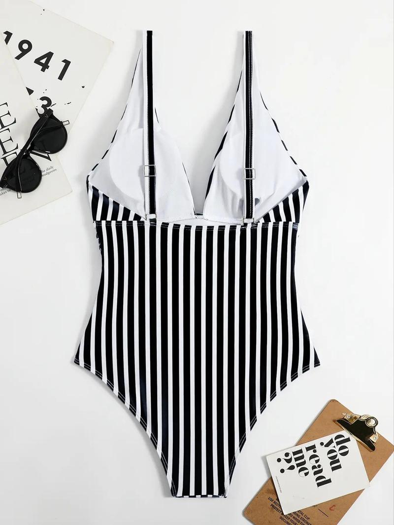 Product Introduction of Women's Striped Print V Neck Backless Swimsuit, Casual Adjustable Strap Tummy Control Swimwear for Summer, Vintage Retro One-piece Bathing Suit for Women, Gym Sets Swimsuit for Women 17