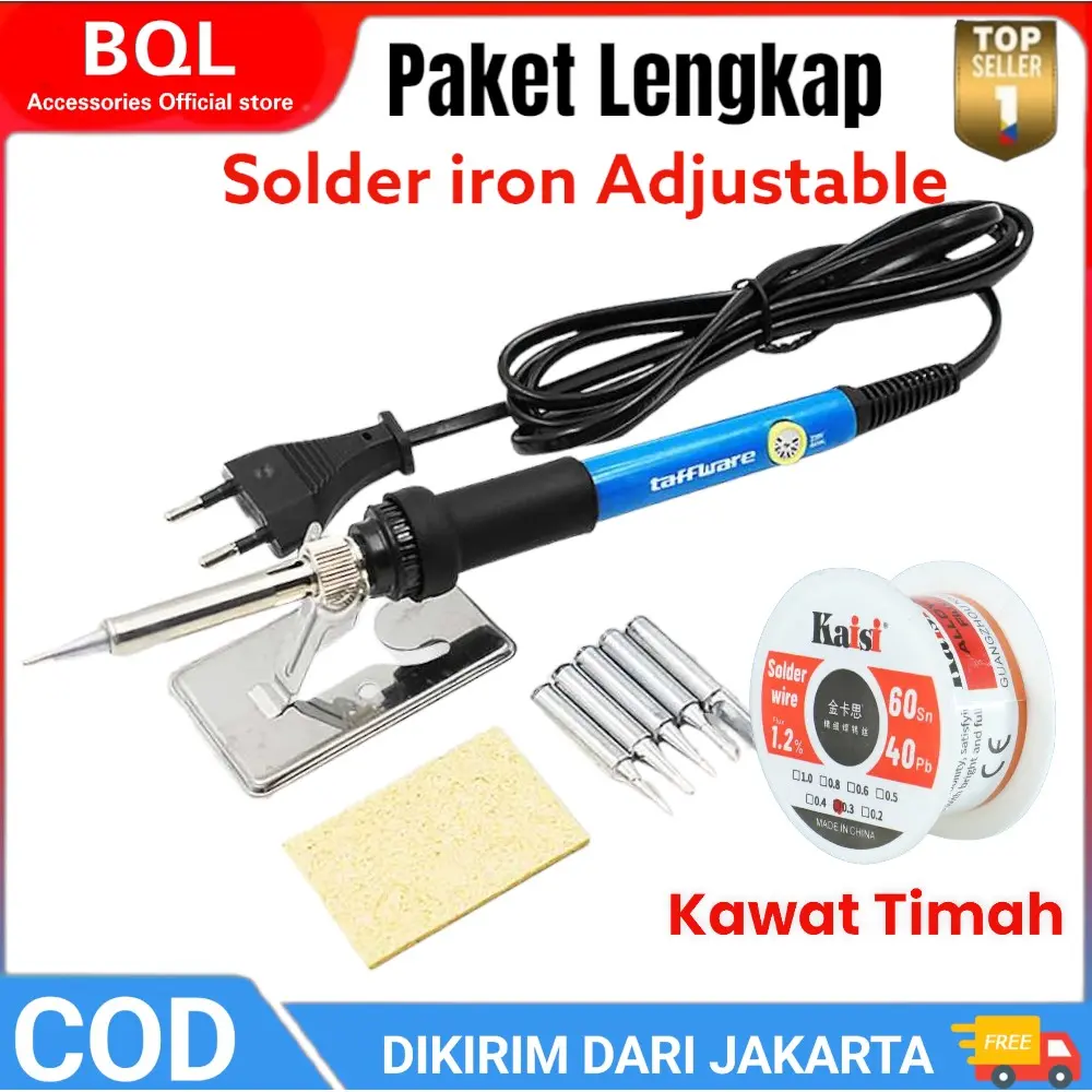 TAFFWARE PROMO TERBATAS!! Solder Listrik 60 Watt Adjustable Taffware Solder Iron Adjustable 60W & Kaisi Kawat Timah Solder 5G Sn60/Pb40