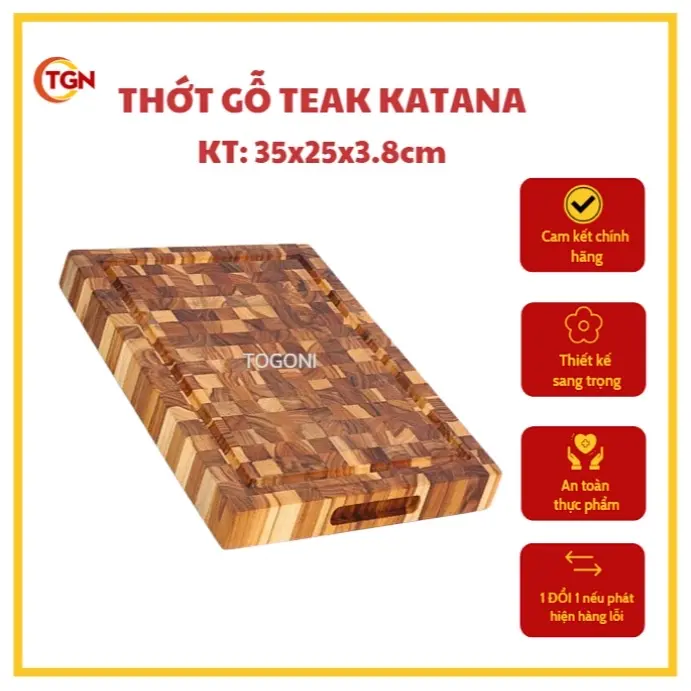 Thớt Gỗ Teak Thương Hiệu KATANA - Hình Chữ Nhật 35x25x3,8cm  - CÓ THỂ CHẶT