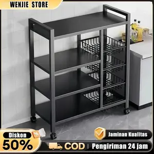 WENJIE STORE Rak Dapur 4 Susun Minimalis Baja Tebal Tahan Lama dengan Roda Universal Kapasitas 75 kg Rak Penyimpanan Sayuran Oven Microwave Serbaguna