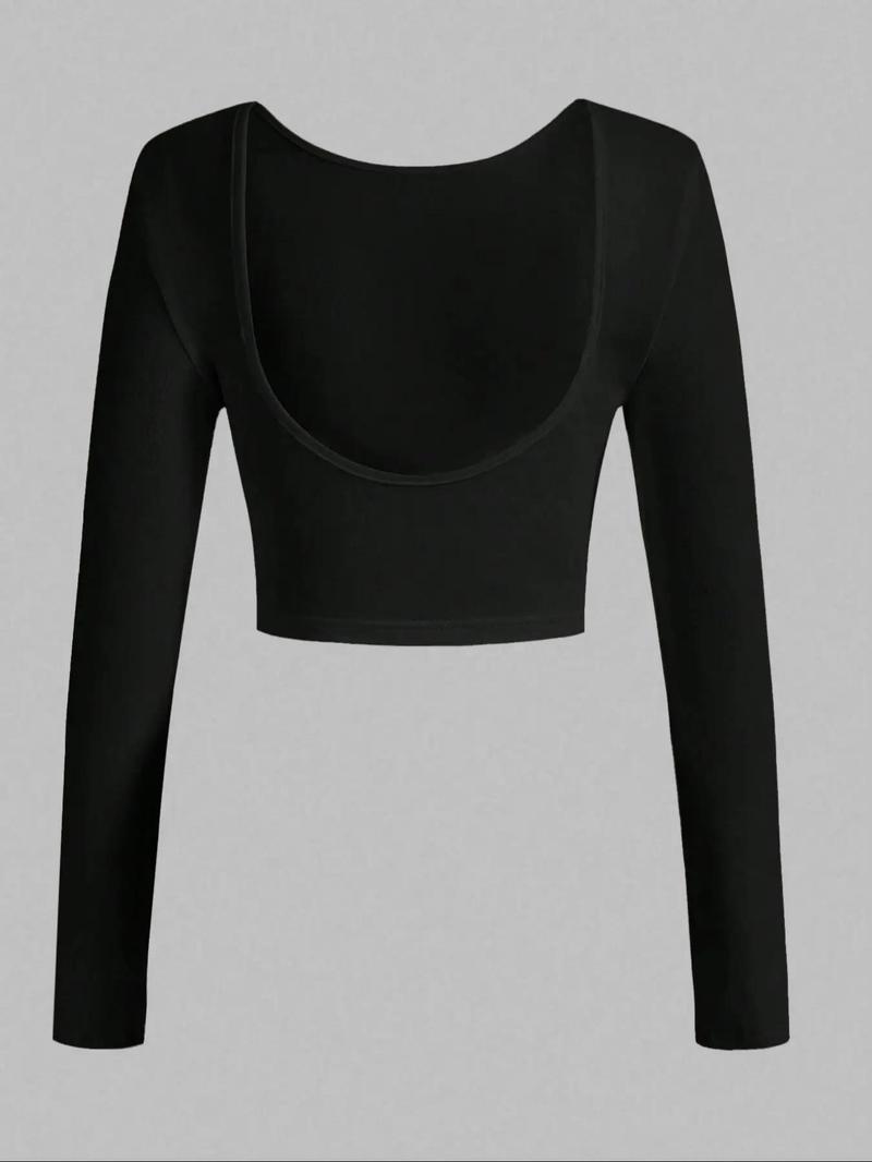Product Introduction of Women's Solid Backless Scoop Neck Crop Top, Casual Fashion Cozy Long Sleeve T-shirt for Daily Outdoor Wear, Ladies Clothes for All Seasons, Clothing 3