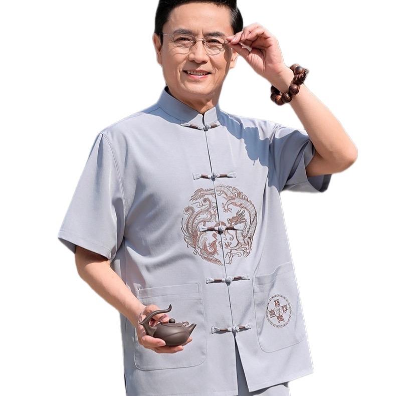  Áo nam trung niên cổ tàu tay ngắn thêu Long Phượng sum vầy chất liệu thô đũi nhẹ mát món quà ý nghĩa tặng ba Menswear 