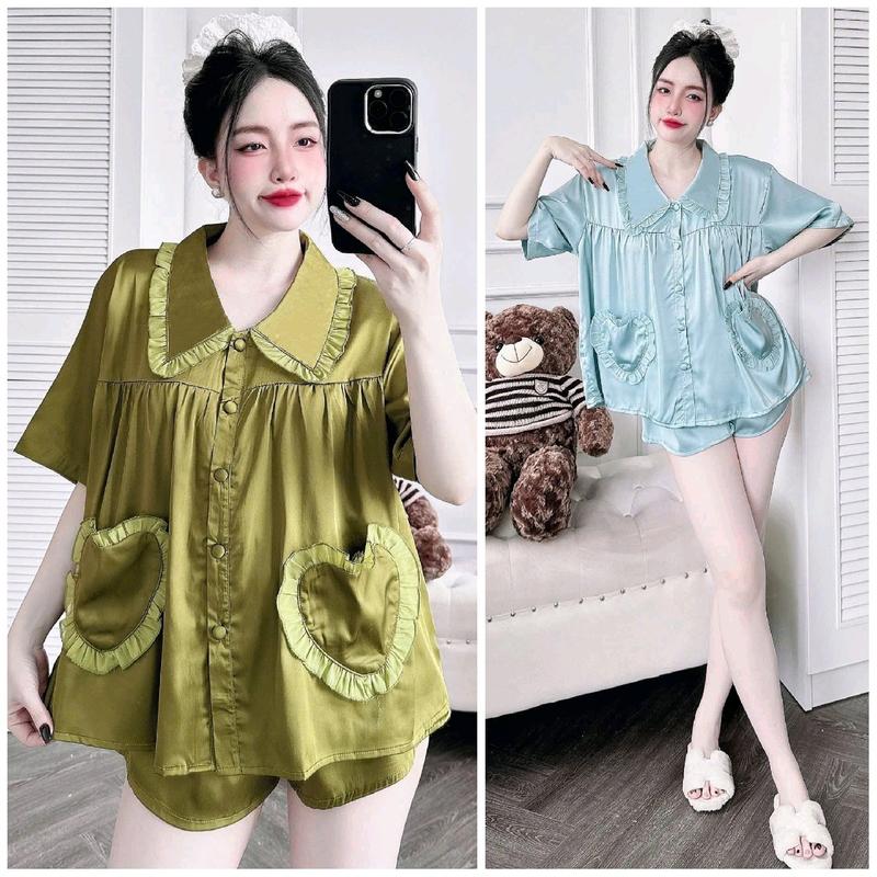 Đồ ngủ pyjama BIGSIZE Mẫu tiểu thư cổ V túi hình tim Áo tay ngắn quần đùi có túi Set bộ lụa mặc nhà siêu sang Women Voi Áo Kem Voan rose đồ pijama