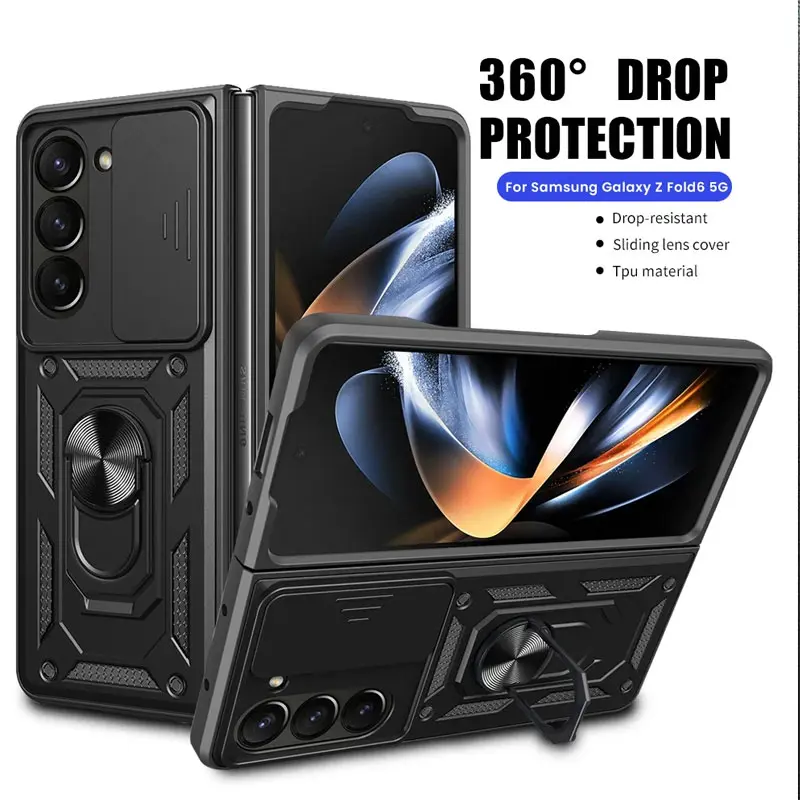 For Samsung Galaxy Z Fold6 5G 2024 Fold 6 5 4 ZFold6 Camera Slide Lens Protection Casing Car Mount Automatic Suction Ring Holder Hard Case Shockproof Bracket Phone Case Back Cover Accessories Protector Handheld