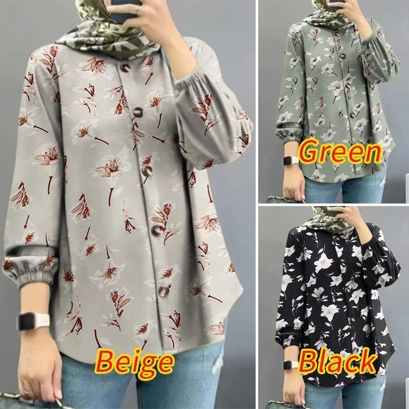 Product Introduction of Women's elegant and casual Muslim fashion long sleeved round neck button printed shirt, comfortable for daily work, breathable fabric long sleeved shirt 23