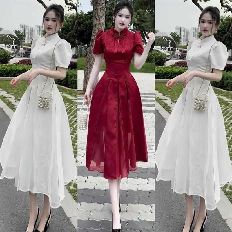 Váy SƯỜN XÁM Cách Tân DỰ TIỆC Nút Dây Cổ Cách Điệu Dáng Xoè Dài Bồng Bềnh Phối Tà Lưới Xếp Ly Chất Gấm Thuê Hoa Lót Đúp Thích Hợp ĐI CƯỚI, LỄ HỘI..vv...Phong Cách Trung Hoa Sang Trọng Thanh Lịch Dành Cho Nữ Ôm gọn Có hoa Có Lót Đúp  - TUONGVY006 Dress Wom