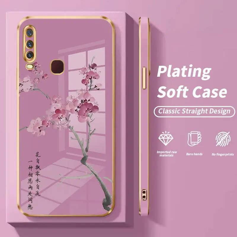 Softcase Untuk VIVO Y17 Y01 Y02 Y02A Y02t Y03 Y10 T1 Y100 4G Y11 2019 Y11s Y12 Y12a Y12s Y12i Y15 Y15s Y15a Y15c Y16 Y17s Y18 Y18e Y19 Y1s Motif Bunga Plum Soft Silicon Laser Plating Kesing Hp Murah 1