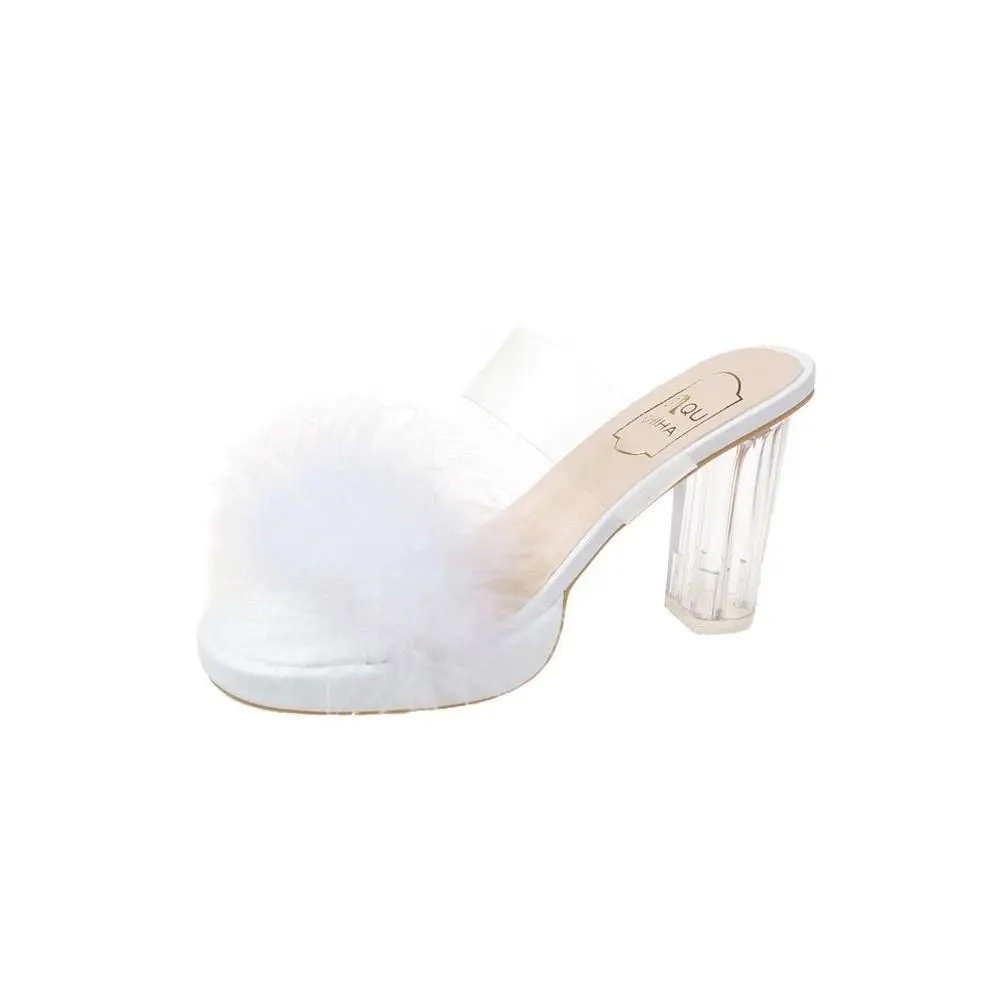 2025 High-Quality Furry Slippers for Women, Summer Outdoor Wear, Spring New Style Shoes, Women's Sandals, Chunky Heel, Thick Sole, Transparent High Heel, Plush Slippers, Hot Sale