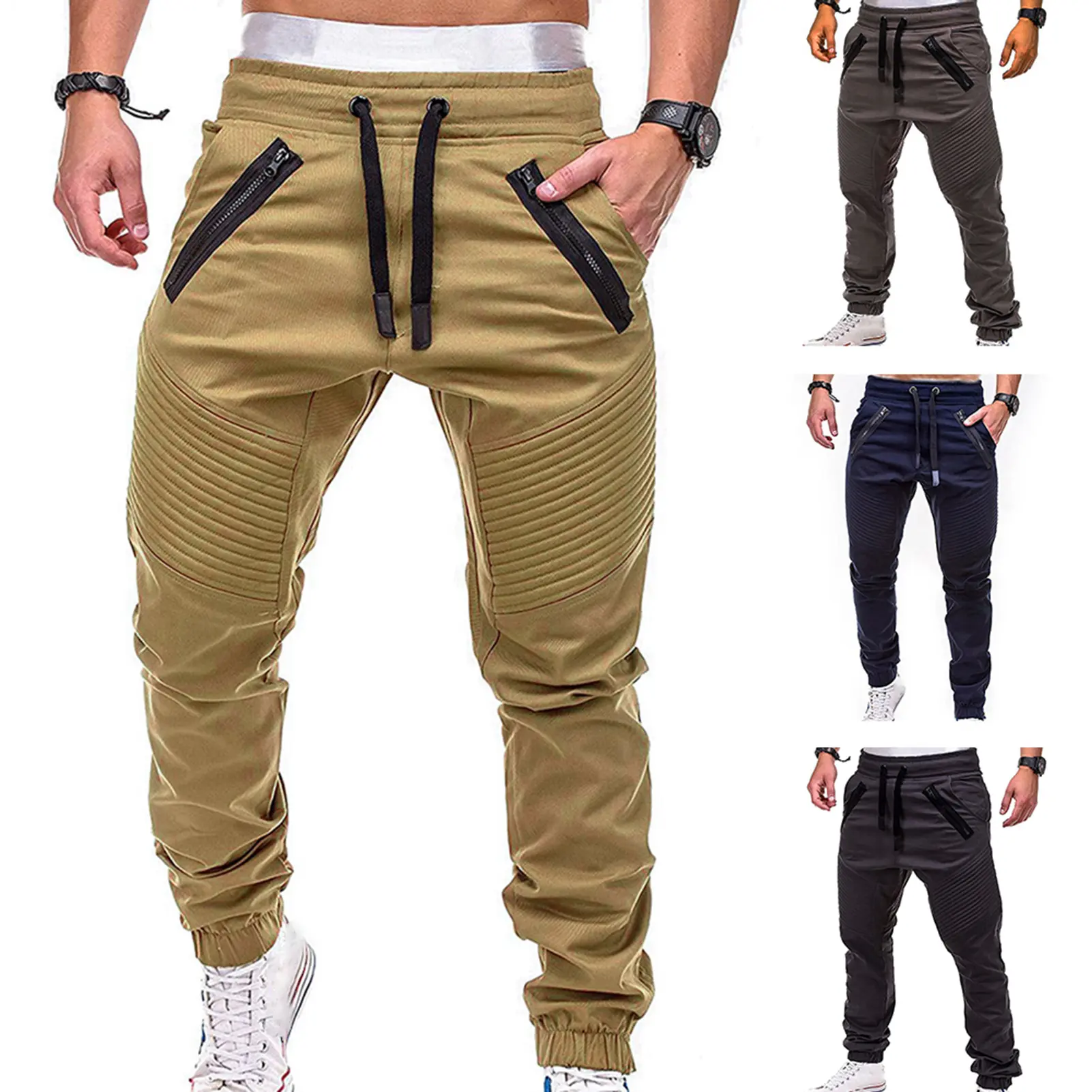 Pants Drawstring Adjustable Men Stripes Zipper Pockets Sports Trousers for Outdoor Activities
