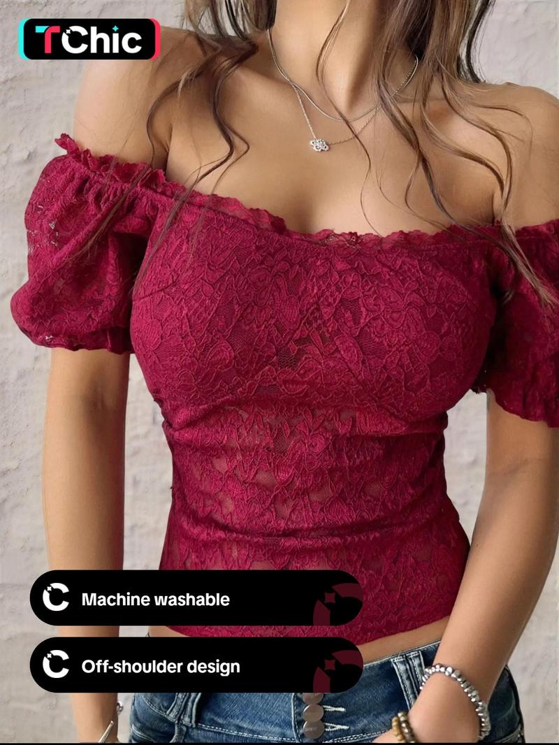 Product Introduction of Women's Plain Contrast Lace Off Shoulder Tee, Casual Elegant Slim-fitting Short Sleeve T-shirt for Summer, Ladies Clothes for Daily Wear 2