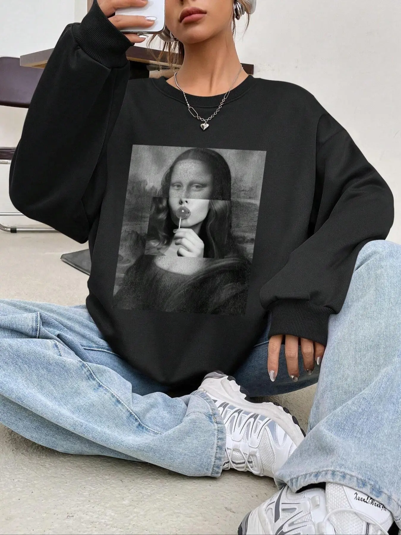Women's Plain/Mona Lisa Face Print Drop Shoulder Thermal Lined Sweatshirt, Casual Long Sleeve Round Neck Pullover for Fall & Winter, Fashion Women's Top for Daily Wear