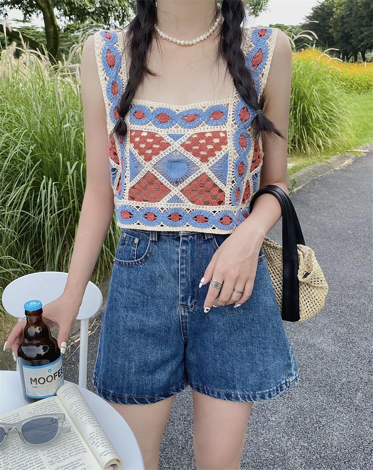 Product Introduction of Bohemian ethnic style small camisole vest embroidered hollow knit short piece for women's sleeveless interior 22