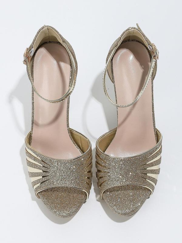 Women's Fashionable Glittering High Heel Sandals, Elegant Buckle Design Sandals for Party, Daily Clothing Decor for Women & Girls 8