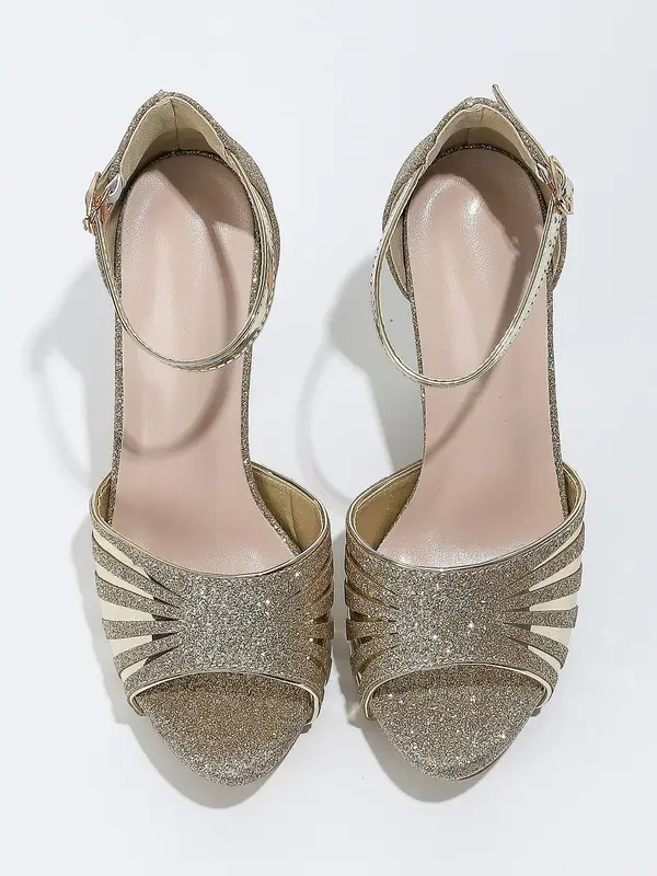 Women's Fashionable Glittering High Heel Sandals, Elegant Buckle Design Sandals for Party, Daily Clothing Decor for Women & Girls 8