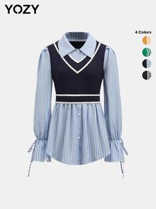 YOZY Women's Colorblock Striped Print 2 in 1 Button Front Ribbed Blouse, Casual Flounce Sleeve Collared Top for Spring & Fall, Valentine's Day Gift for Girl, Women's Clothes for Daily Wear
