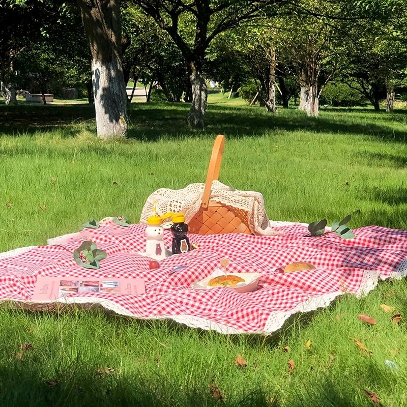 Charming Red & White Checkered Picnic Blanket with Lace Trim ...