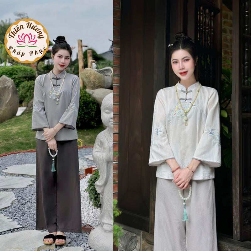 Đồ bộ đi chùa cổ tàu thêu quạt vải đũi Pháp phục lễ chùa tay lỡ cách tân Bộ đồ lam truyền thống đũi mềm mịn Thanh lịch